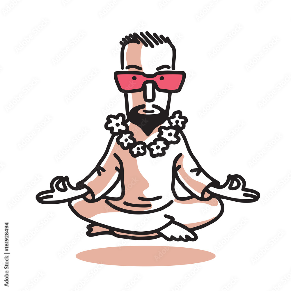Yogi - Guru with Pink Glasses Sitting In Lotus Pose. Characters of Business Yoga. Vector Graphic Illustration. - obrazy, fototapety, plakaty 