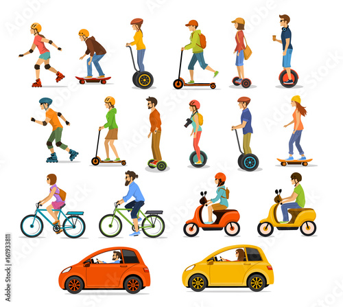Fotografía People, men and women riding modern electric scooters, cars, bicycles , skateboards,segway,hoverboard