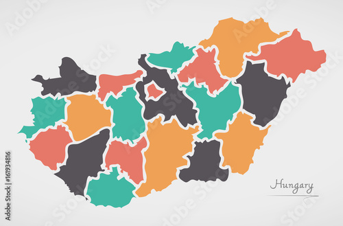 Fotomural Hungary Map with states and modern round shapes