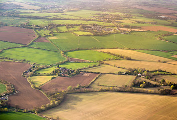 Aerial view on field plots in contrasting colours