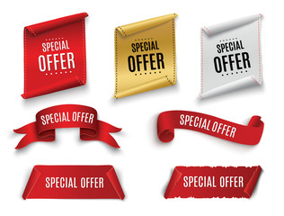 Special offer vector ribbon.Red scroll. Banner sale tag. Market special offer discount