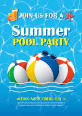 Sticker - Pool party invitation poster with blue water. Vector summer background.