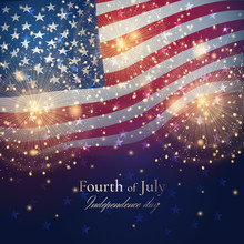 Independence Day Celebration Background With Golden Fireworks And American Flag. Vector Festive Template For Greeting Banners And Posters For July 4th. File Contains Clipping Mask.
