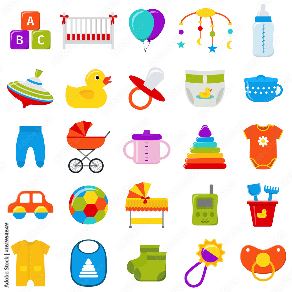 Baby icons set. Vector. Baby shower symbols isolated on white background.  Collection template elements for newborn kids in flat design. Colorful  illustration. Stock Vector | Adobe Stock, image size:1000x1000