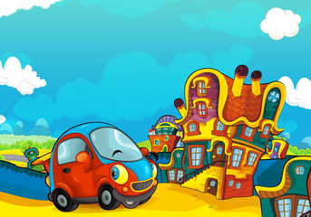 Cartoon sports car smiling and looking in the parking lot - illustration for children