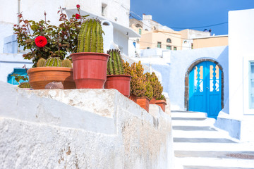 Narrow neighborhood at the old traditional village of Pyrgos, Santorini, Greece.