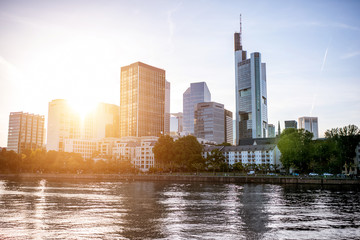 Wall Mural - View on the financial district with Main river during the sunset in Frankfurt city, Germany