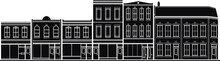 Silhouette Illustration Of Historic Buildings On A Main Street. 