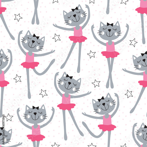 Naklejka dekoracyjna seamless ballerina cat pattern vector illustration