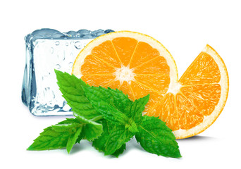 Wall Mural - Orange, mint and ice cubes isolated on white