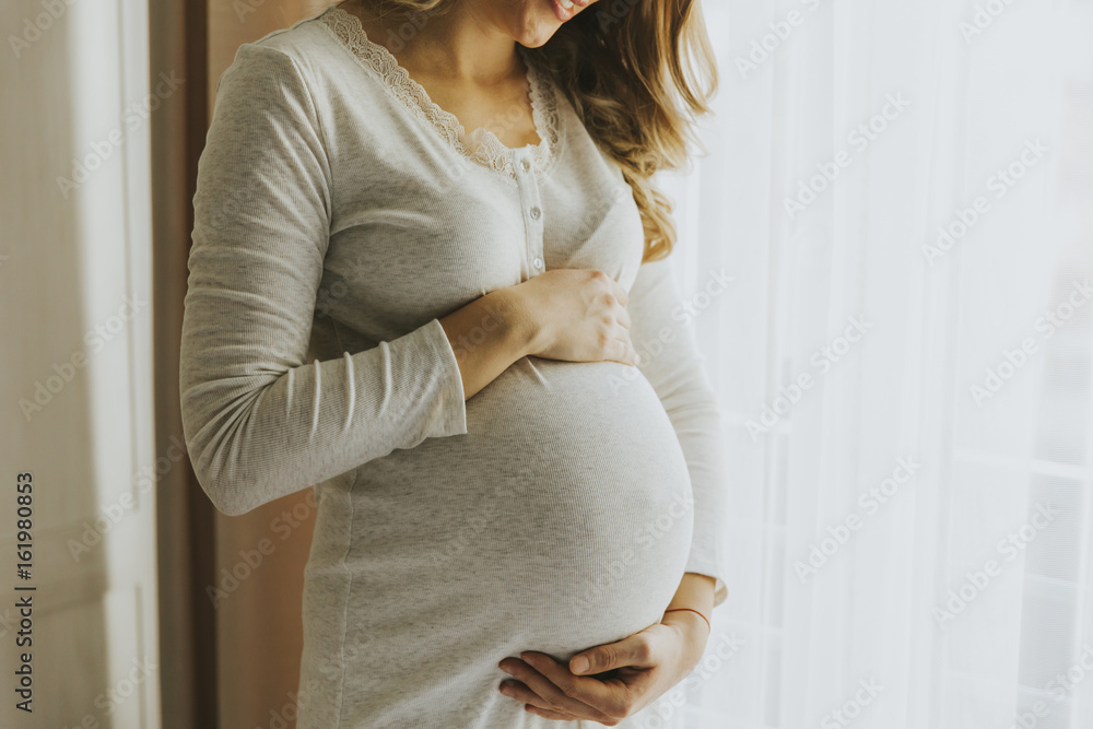 Young pregnant woman by the window - obrazy, fototapety, plakaty 