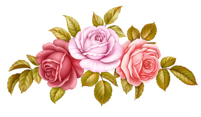 Vector floral set bouquet bunch of pink, red, blue white vintage rose flowers green golden leaves isolated on white background. Digital watercolor illustration.