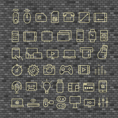 Aufkleber - Different thin line technology, vector collection. Different silhouettes set on brick pattern