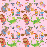 Fototapeta Dinusie - Fairy tale characters. Seamless pattern. Illustration for children. Cute and funny cartoon characters