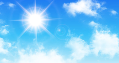 Wall Mural - sunny background, blue sky with white clouds and sun
