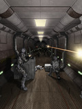 Fototapeta Przestrzenne - Space Station Corridor Battle - science fiction illustration