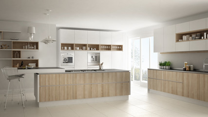 Wall Mural - Modern white kitchen with wooden and white details, minimalistic interior design