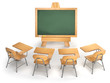 School classroom. Empty chalkboard and school desks isolated on white. Lesson, webinar or training cocncept