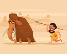 Angry Hungry Primitive Caveman Character Chasing Running Hunting Mammoth. Vector Flat Cartoon Illustration