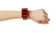 Female hand with heart rate monitor watch on white background