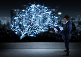 Poster - Businessman watching digital brain interface on a rooftop 3D rendering