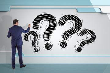 Poster - Businessman drawing a question mark sketch on a board 3D rendering