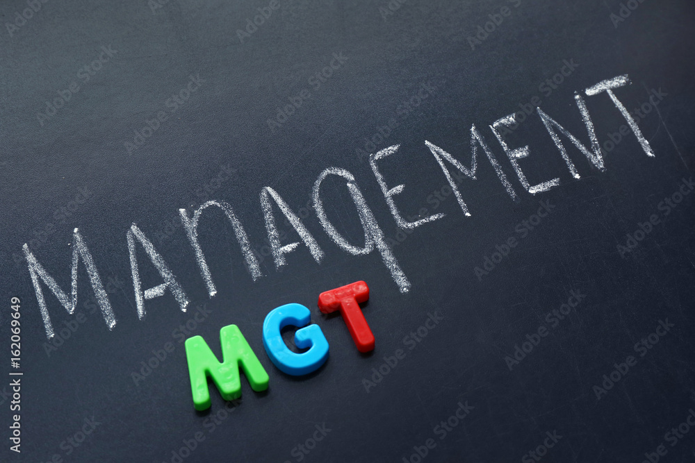 Abbreviation and text written with chalk on blackboard. Management concept