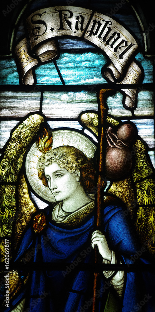 Archangel Raphael in stained glass Stock Photo | Adobe Stock