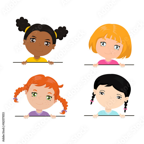 Vector Set Of Multi Ethnic Little Girls Holding A White Banner