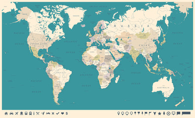  Vintage World Map and Markers - Vector Illustration