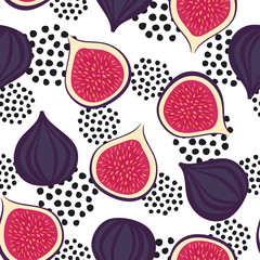 Seamless figs pattern with decorative dots on white background. Summer fruit vector illustration. Design for wallpaper, fabric, decor, textile.