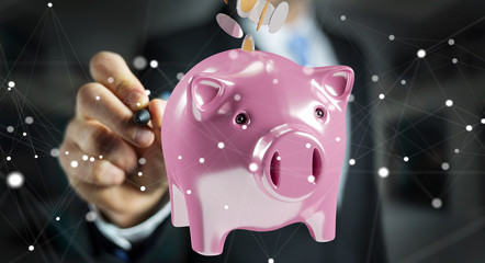Aufkleber - Businessman holding piggy bank with flying coins going inside 3D rendering
