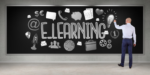 Wall Mural - Businessman drawing e-learning sketch on a board 3D rendering