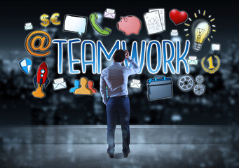 Wall Mural - Businessman watching teamwork sketch on a rooftop 3D rendering