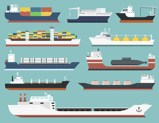 Cargo vessels and tankers shipping delivery bulk carrier train freight boat tankers isolated on background vector illustration