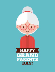 Sticker - Cute grandma with gray hair and happy grandparents day sign over teal background. Vector illustration.