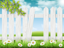 White Wooden Fence With Broken Plank On Rural Landscape Background And A Branch Of A Tree On The Foreground. Vector Detailed Illustration.