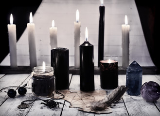 Poster - Mystic still life with black candles and pentagram on paper