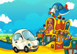 © honeyflavour - Cartoon sports car smiling and looking in the parking lot and plane flying over - illustration for children