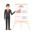 Businessman cartoon character. Man in the suit and tie makes project presentation explaining charts on a white board. Manager point and showing the graph. Flat style vector illustration isolated