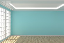 Empty Room In Blue Wall In 3D Rendering
