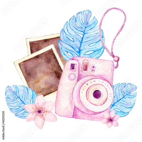 Watercolor Hand Painted Logo For Photographer With Pink Camera And