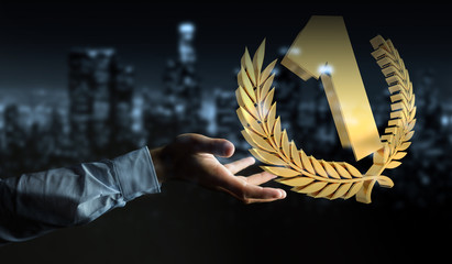 businessman winning the first golden price 3d rendering