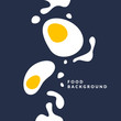 Bright poster with a picture of an egg, yolk and splashes on a dark background. Vector illustration in flat style
