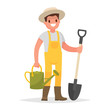 Happy gardener man with a shovel and watering can on a white background. Vector illustration