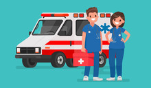 Ambulance Staff. Couple Of Doctors. Vector Illustration In A Flat Style