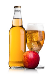 bottle and glass of apple cider with fresh apple