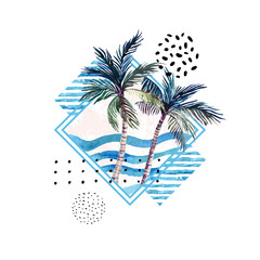 Wall Mural - Watercolor palm tree print in geometric shape with memphis elements isolated on white background.