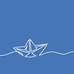 Continuous line drawing of paper boat. Business icon. Vector illustration on blue background