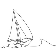 Wall Mural - Continuous line drawing of sailboat in big waves of sea. Business icon. Vector illustration